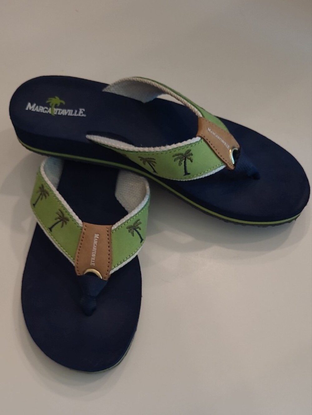 Margaritaville Breezy Slip On Toe Peg Leather Sandal Palm Tree Foam Flip Flops - Picture 15 of 17
